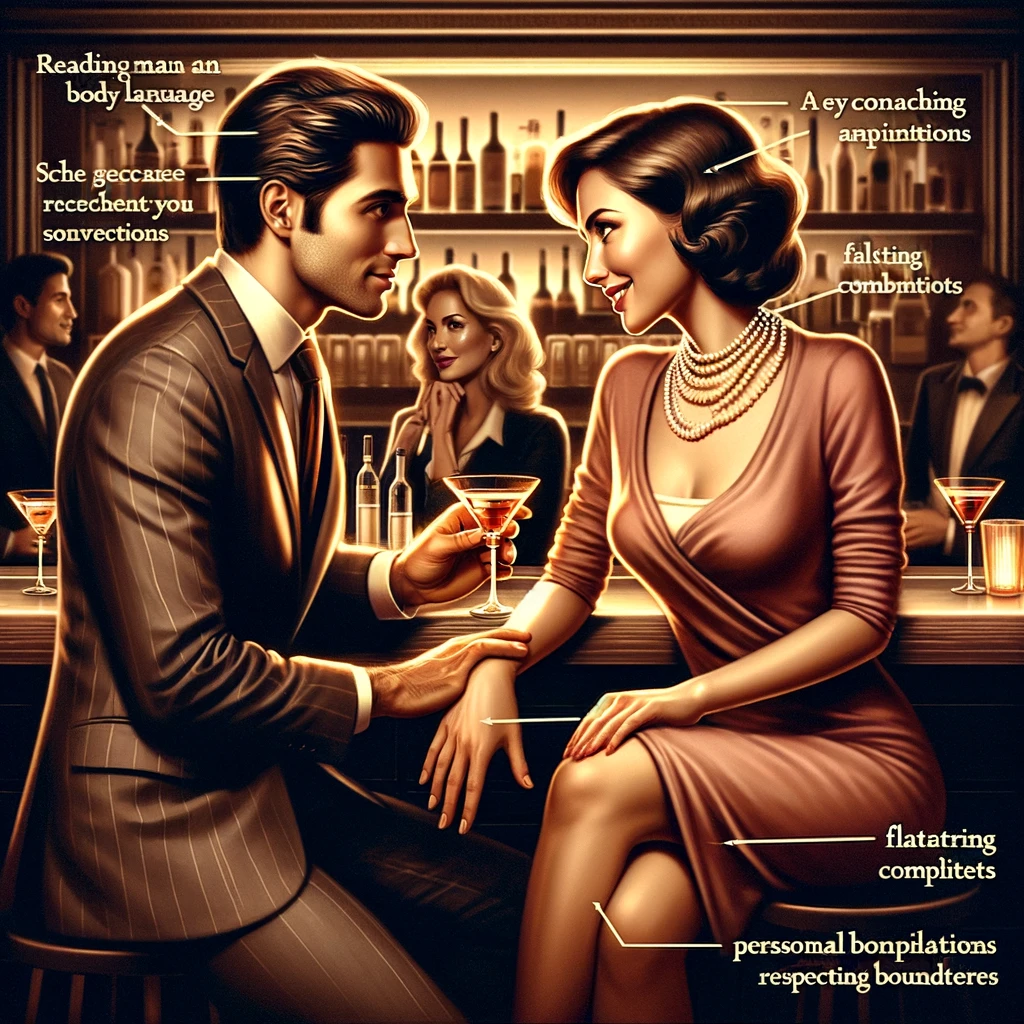 a sophisticated scene at a bar where an experienced man is interacting with a woman using advanced conversational strategies, highlighting the nuances of reading body language, mastering the art of flirting, and maintaining engaging conversations while respecting boundaries.