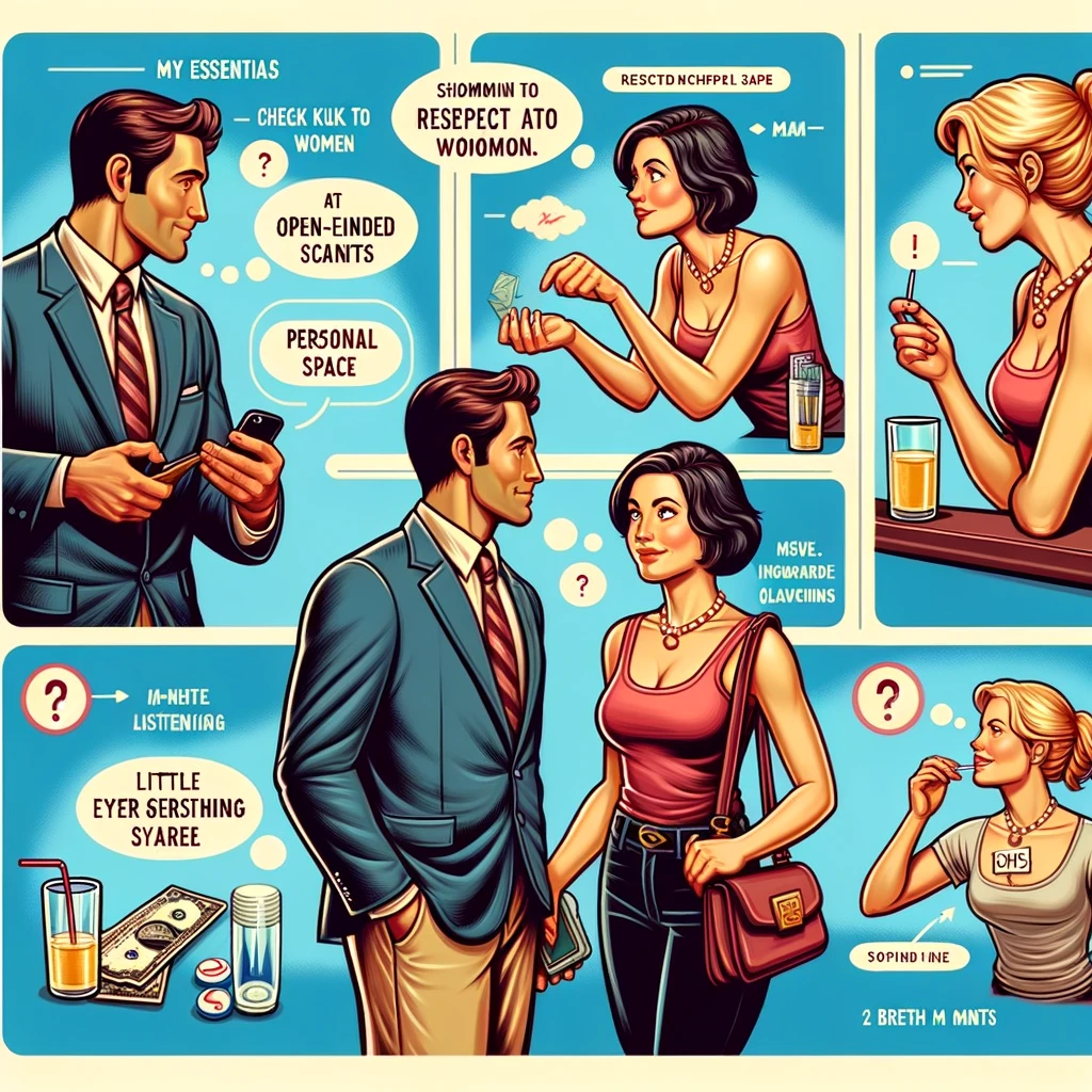 a beginner preparing to talk to women at a bar, incorporating elements from the guide for a respectful and engaging interaction.