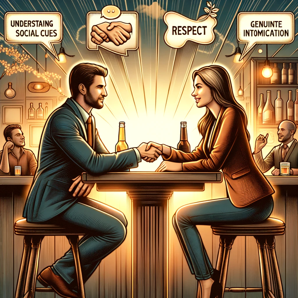 a successful and respectful interaction between a man and a woman at a bar, symbolizing effective communication and connection in a warm and inviting atmosphere, highlighting the importance of understanding social cues, showing respect, and engaging in genuine interactions.