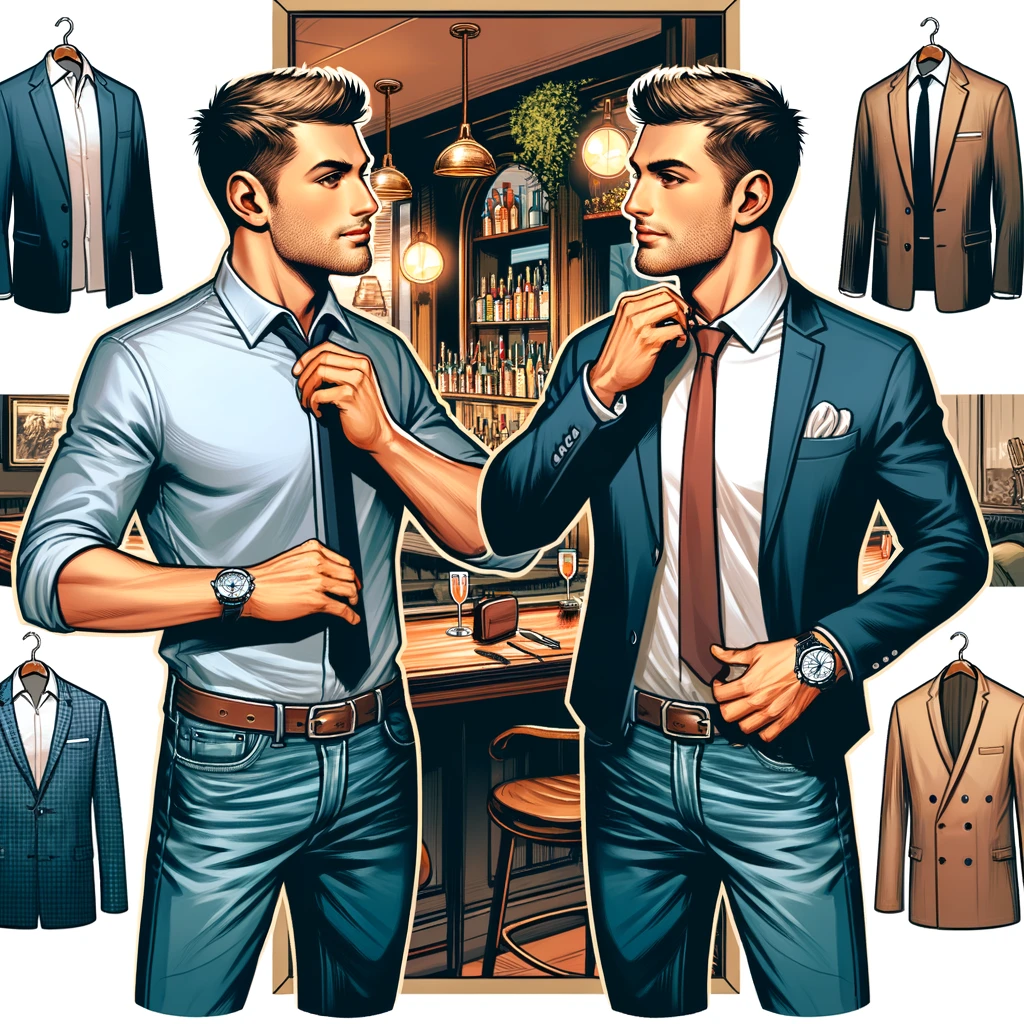 a man getting ready for a night out at a bar, focusing on choosing the right attire that reflects his personal style and is appropriate for the venue's atmosphere, while also paying attention to grooming and adding stylish accessories for confidence and comfort.