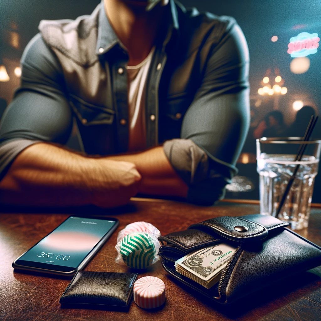 a close-up scene of a man at a bar, focusing on the essential items for talking to women, such as a smartphone, a wallet, and a pack of breath mints on the bar counter, symbolizing his preparedness for social interactions.