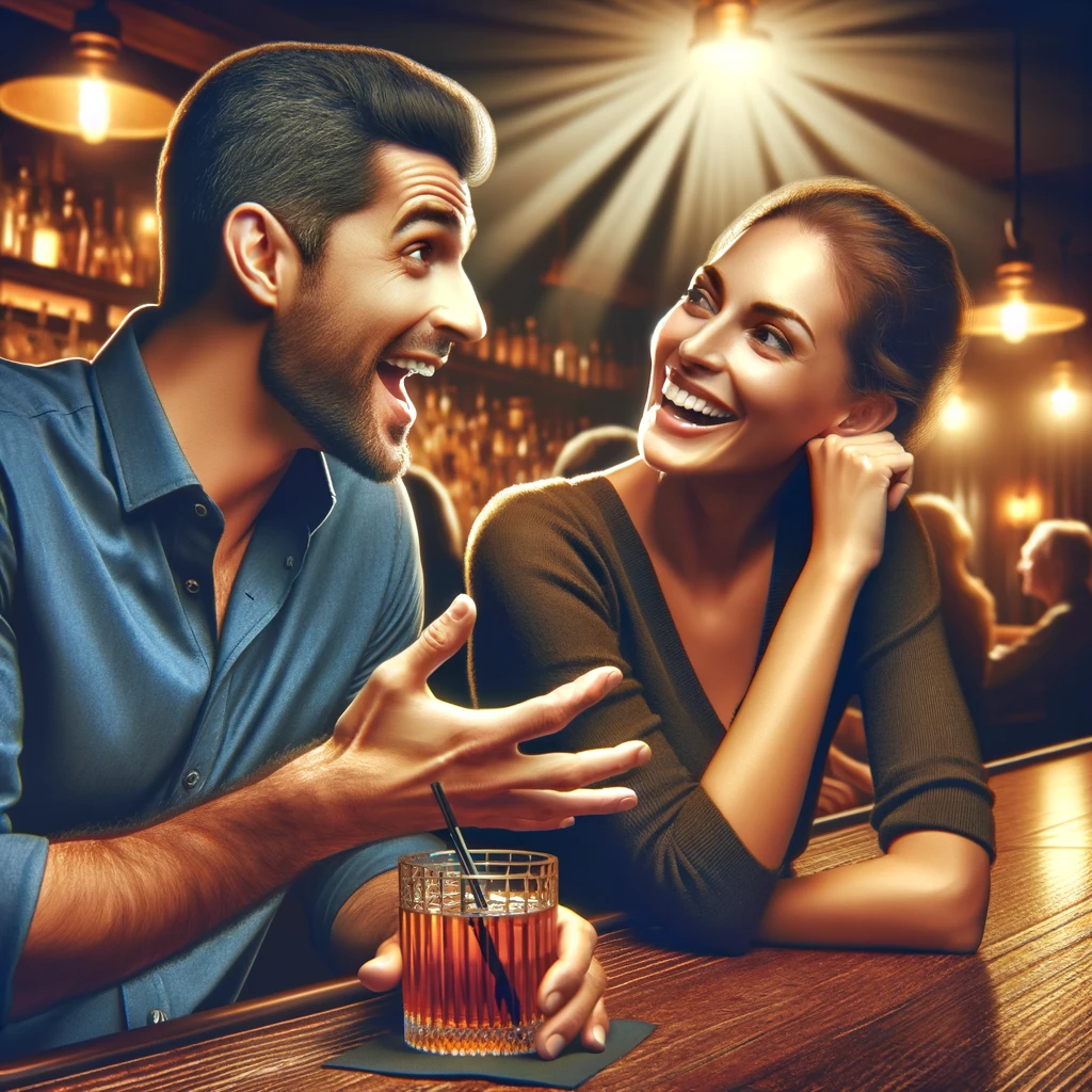  a man and a woman at a bar enjoying a lively and enjoyable conversation, capturing the essence of keeping the conversation light and fun, showing genuine interest in each other, and finding common ground in a warm and inviting atmosphere.