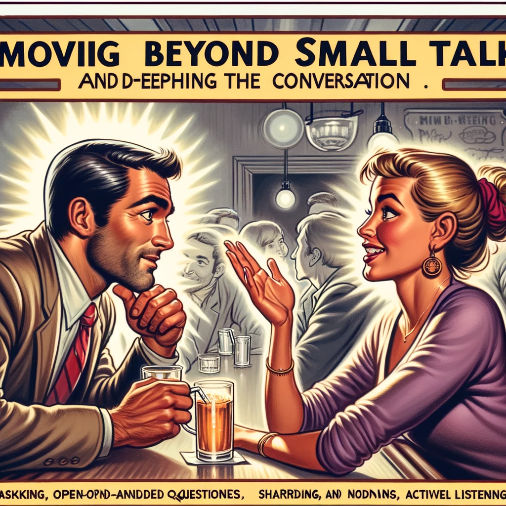  a scene at a bar where a man is deepening the conversation with a woman, moving beyond small talk by asking open-ended questions, sharing personal experiences, and actively listening, all in a cozy and intimate setting conducive to meaningful exchanges.