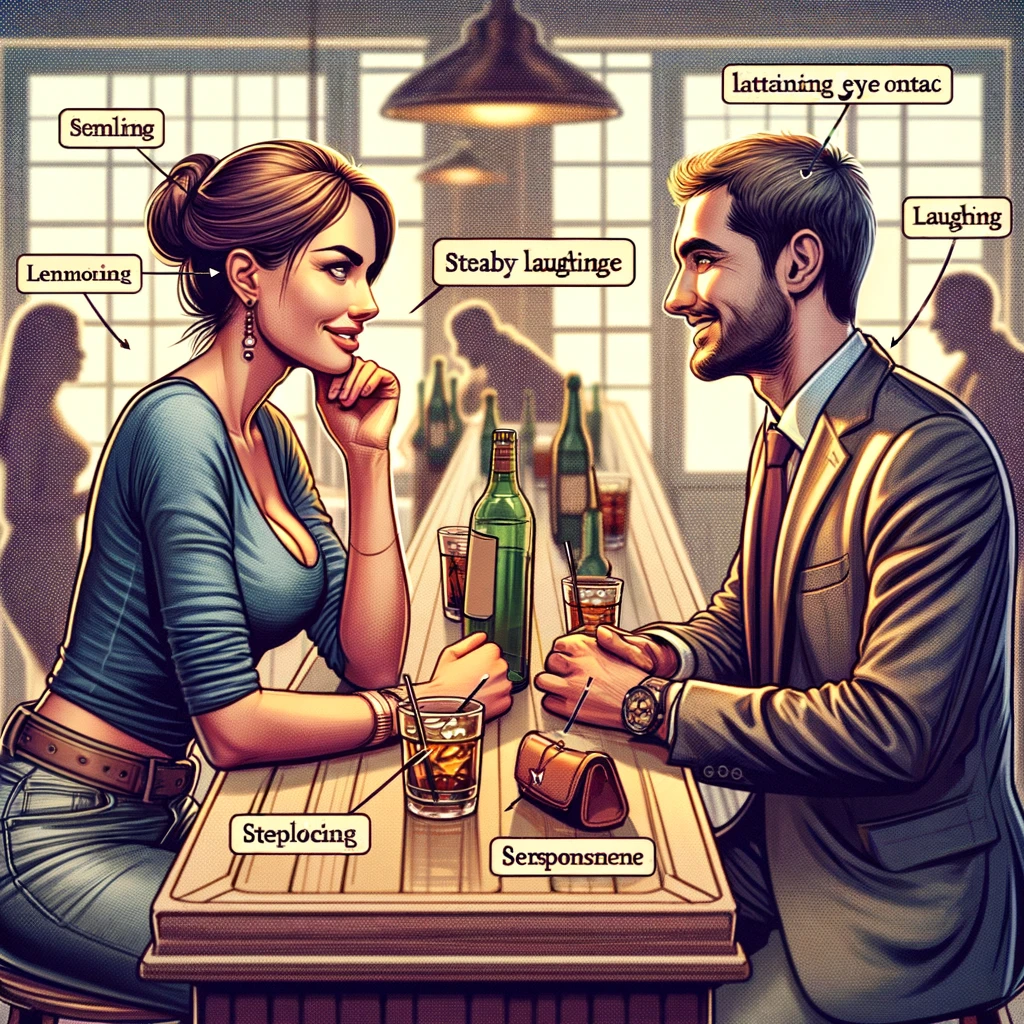 a scene at a bar where a man is observing and interpreting a woman's body language during their conversation, showcasing mutual interest and the importance of responding appropriately to body language cues.