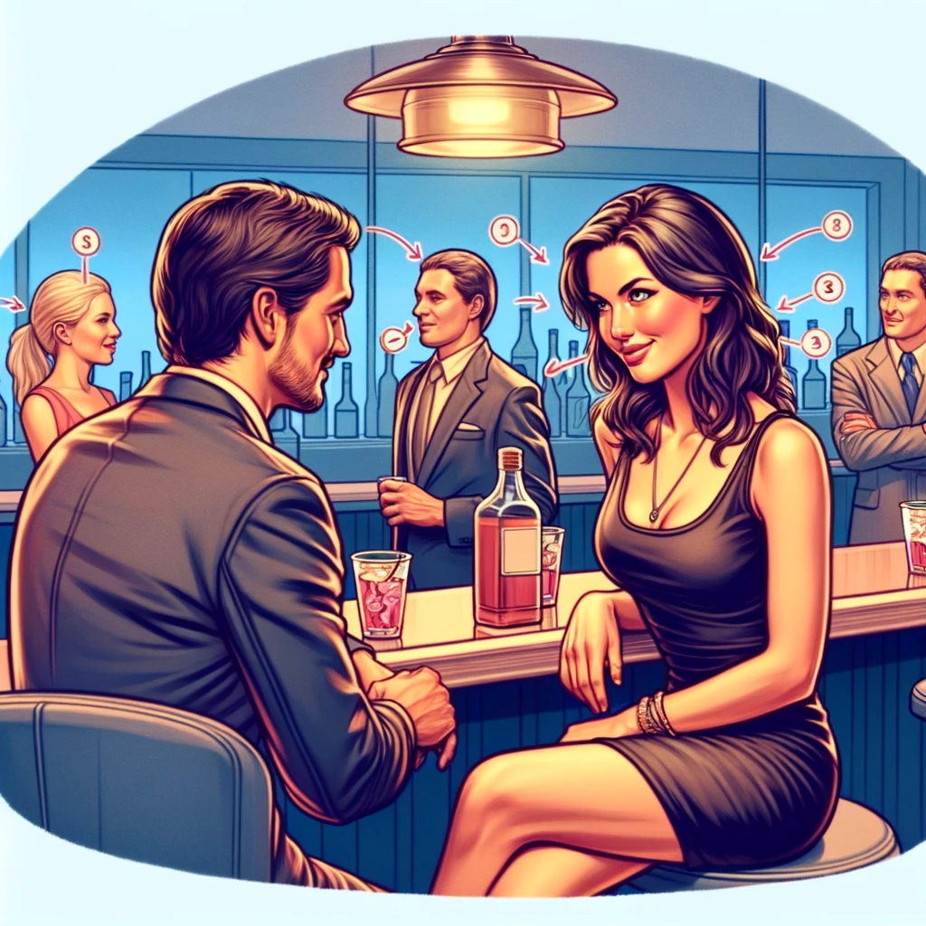  a man is observing a woman's body language at a bar to gauge her interest, emphasizing the significance of understanding and respecting non-verbal cues in social interactions.