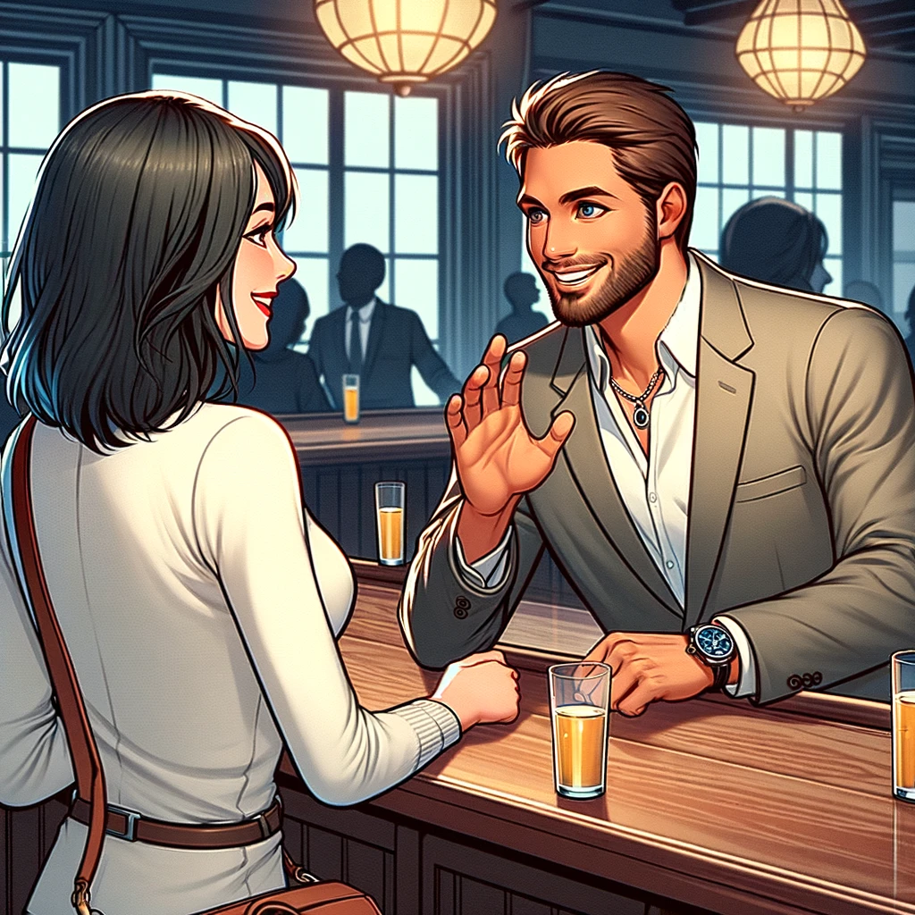 a man approaching a woman at a bar in a respectful and non-intrusive manner, illustrating important aspects of initiating contact while respecting personal space and paying attention to the other person's response.