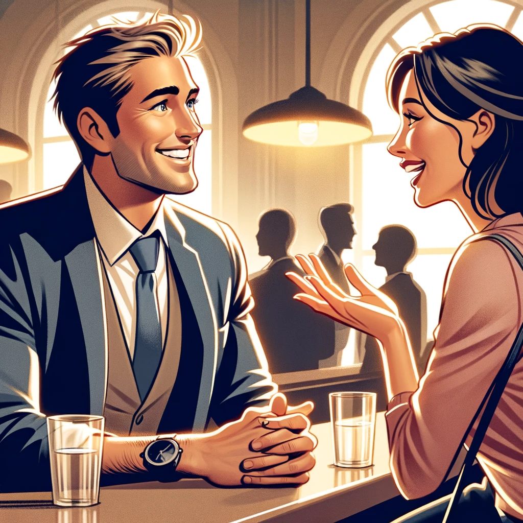 a scene at a bar where a man is practicing active listening while engaging in conversation with a woman, emphasizing the importance of showing genuine interest and creating an atmosphere of mutual respect and understanding.