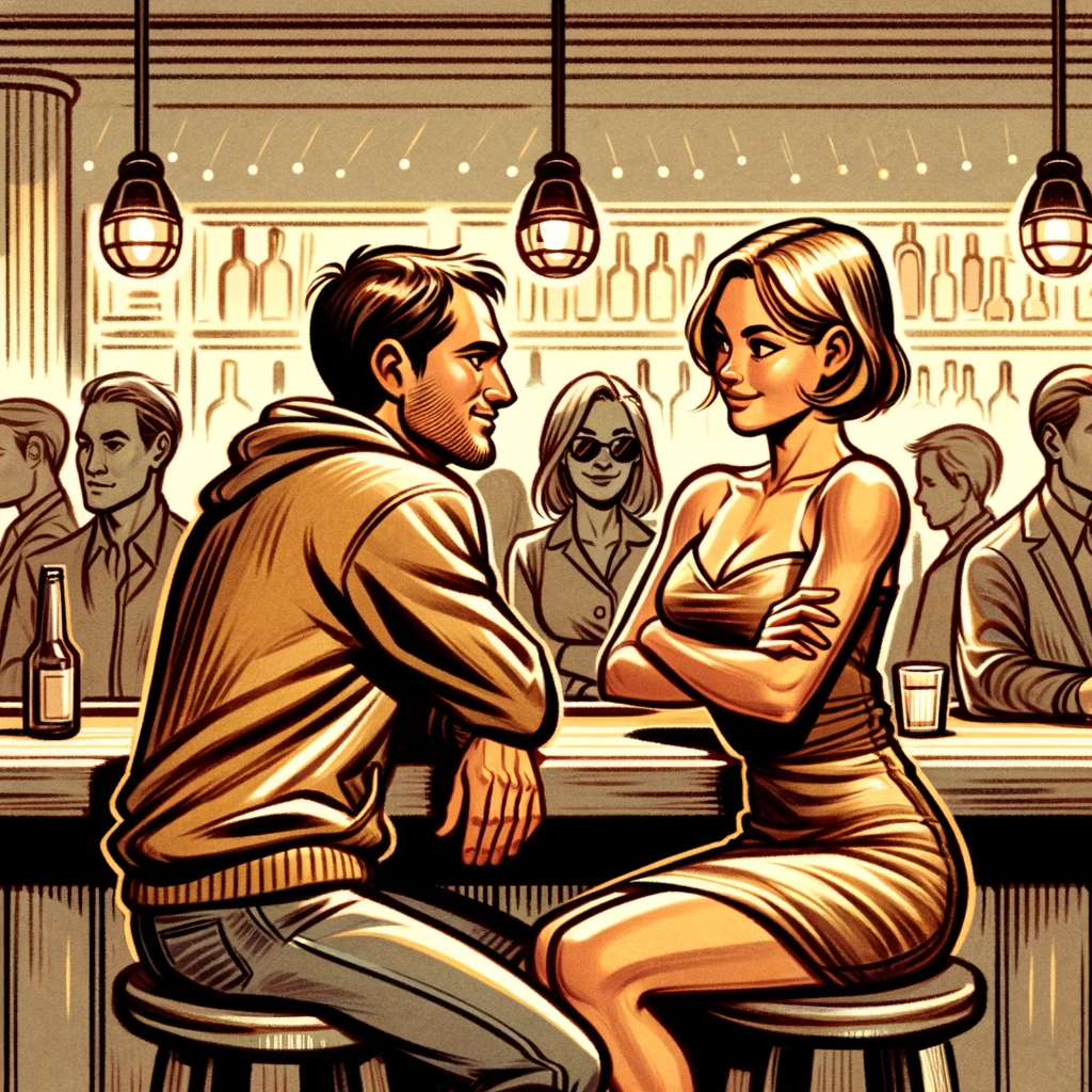  a scene at a bar where a man is attentively reading a woman's signals during their conversation, showcasing his respect for her comfort level and emphasizing the importance of recognizing signals to foster a respectful and comfortable interaction.