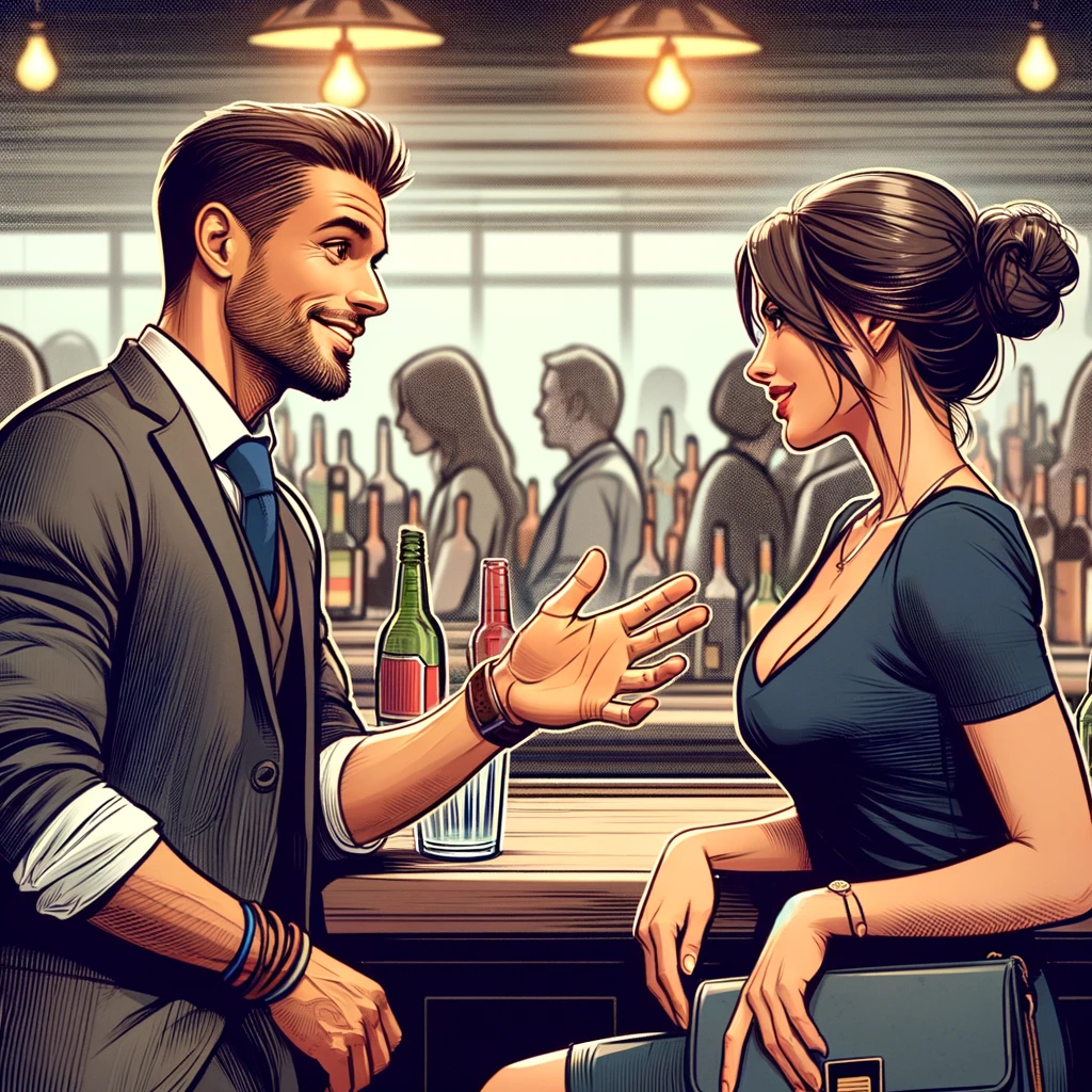 the moment of making a positive first impression while approaching a woman at a bar, emphasizing confidence, respect, and genuine interest in the interaction.